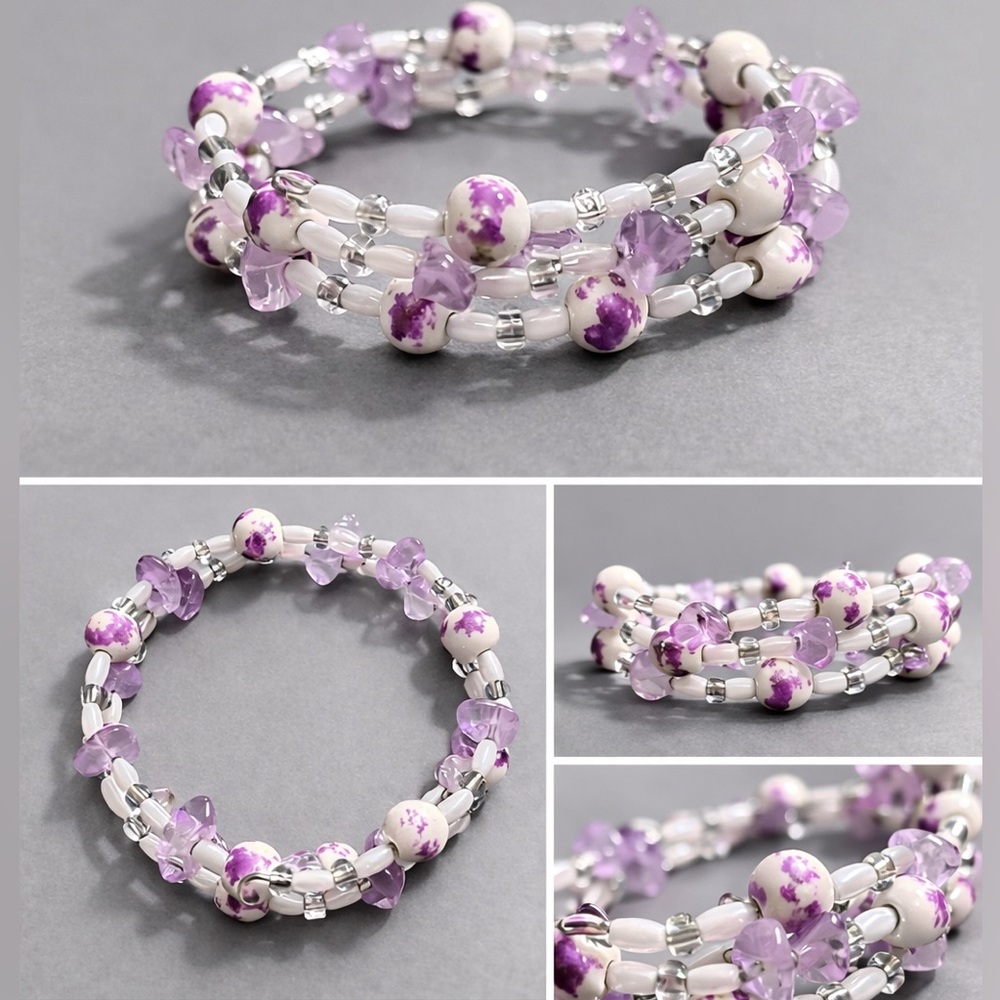 Artisan Made Ceramic & Amethyst Wire Memory Wrap Bracelet